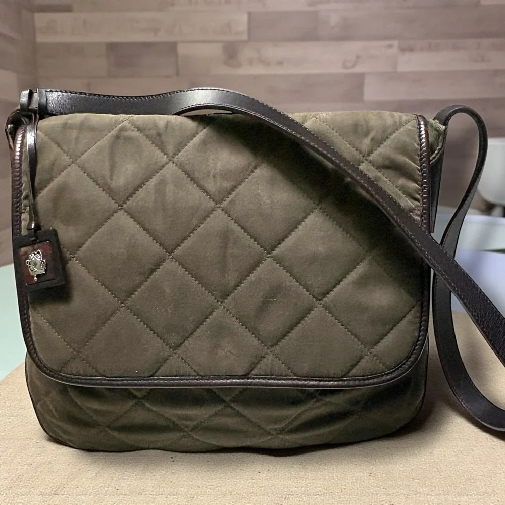 Quilted Olive Green Lauren Ralph Lauren Crossbody Bag Leather Trim - Picture 2 of 8